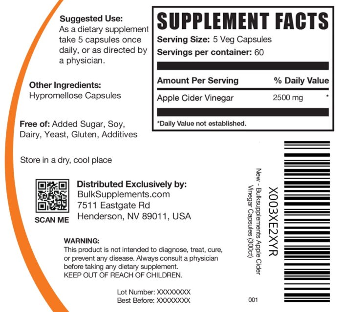 Apple Cider Vinegar Capsules - 2500Mg per Serving (300 Capsules - 60 Servings) - Image 3
