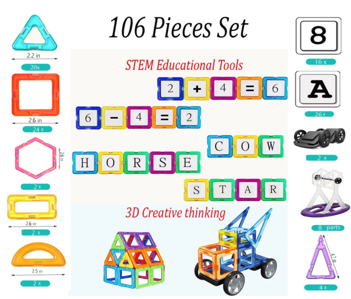 106-Piece Magnetic Tiles Set – STEM 3D Building Toys for Ages 3+ - Image 2