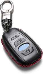Leather Smart Key Fob Case Cover Compatible with Subaru Forester, Impreza, Outback, WRX, BRZ, XV Crosstrek, Ascent, Solterra (2014 - 2026 Models) - 4 Buttons, Black/Red