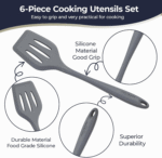 Grey Silicone Kitchen Utensils Set of 6, Non-Stick Heat-Resistant Silicone Kitchen Utensils Set with Steel Inner Core - Image 2